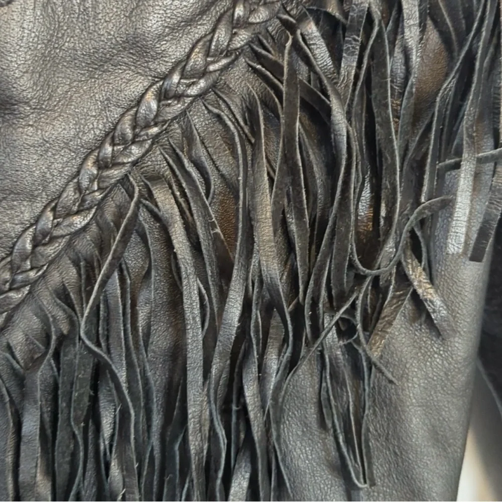 Vintage Leather Jacket  Black Fringe And Roses - Picture 3 of 6